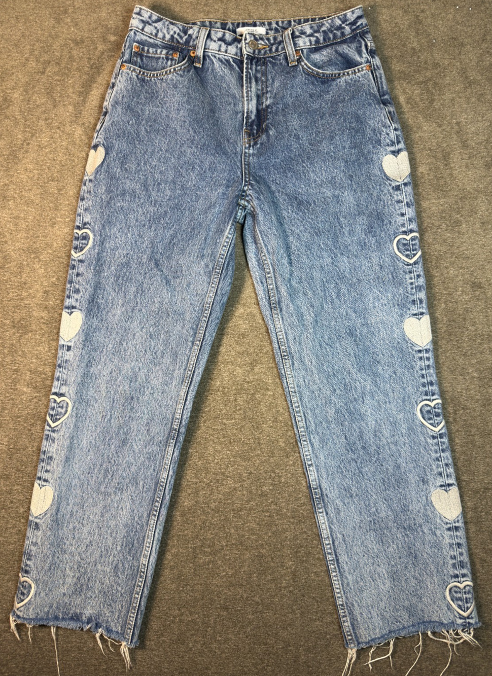 Forever 21 Premium Womens Size 28 Heart Embroidered Straight Leg Jeans Raw Hem